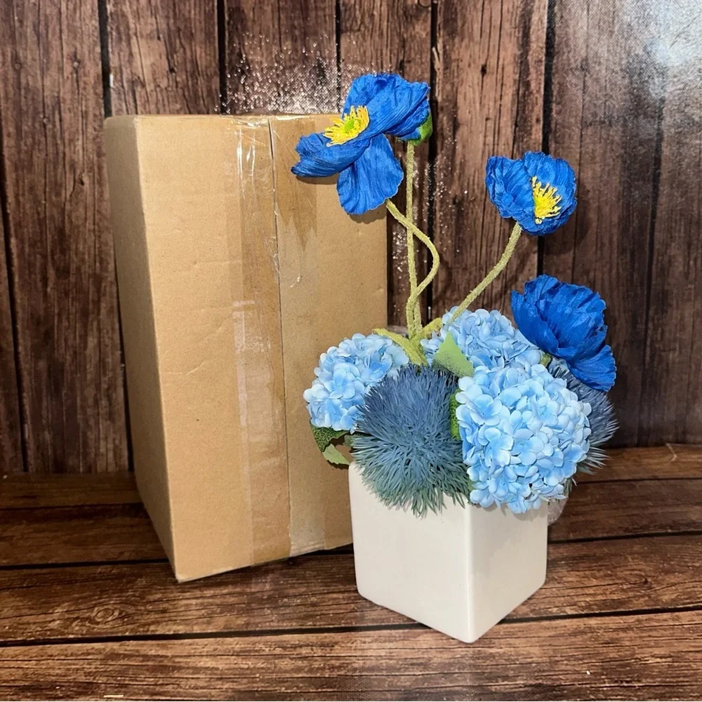 Blue Faux Flowers With Vase- New
